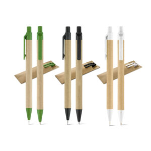 Conjunto de esferográfica com escrita em azul e lapiseira em papel kraft